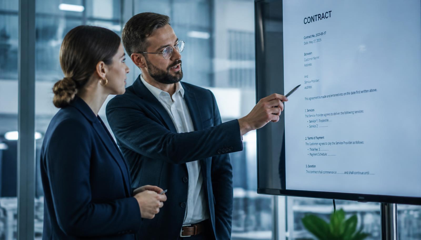 Two colleagues reviewing a contract on a large meeting-room display