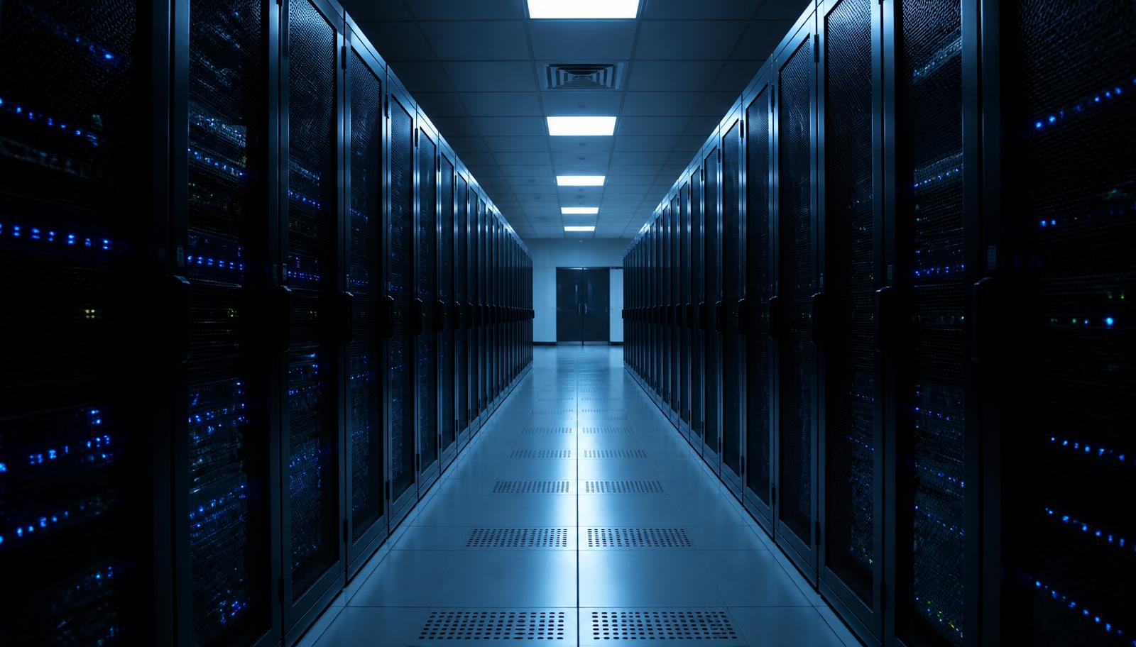 Secure data centre corridor with illuminated server racks