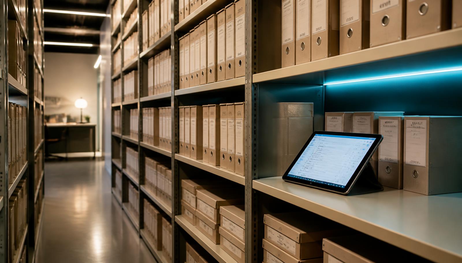 Enterprise archive room with labelled document files and a tablet