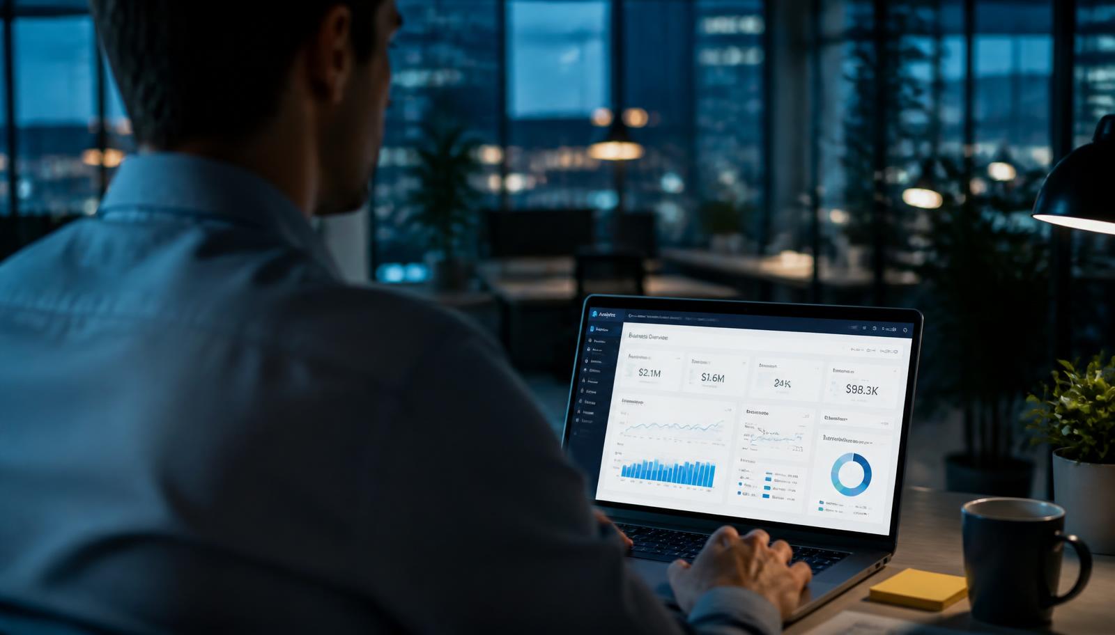 Professional reviewing an analytics dashboard on a laptop at dusk